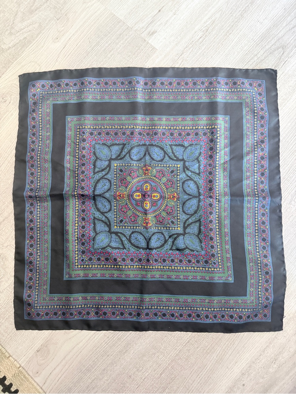 Vintage Persian Paisley Medallion Square Hand rolled Silk Scarf Black Blue 19x19